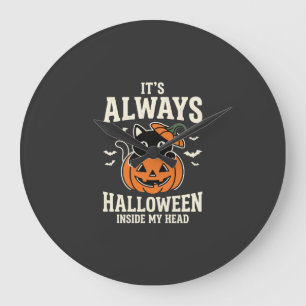 Grande Horloge Ronde Toujours Halloween Chat Noir Design de Citrouille