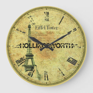 Grande Horloge Ronde Tour Eiffel de papier vintage et nom de famille