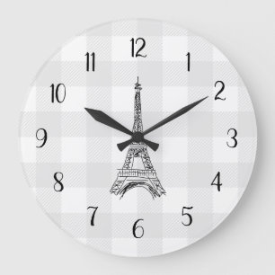 Grande Horloge Ronde Tour Eiffel motif gingham gris campagne française