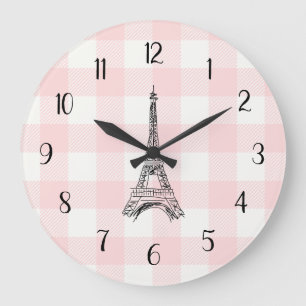 Grande Horloge Ronde Tour Eiffel motif gingham rose campagne française