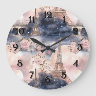 Grande Horloge Ronde Tour Eiffel Paris Rose Bleu Floral