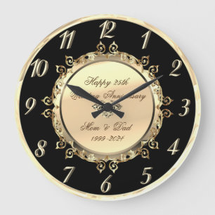Grande Horloge Ronde Tourbillons dorés 25e anniversaire de mariage