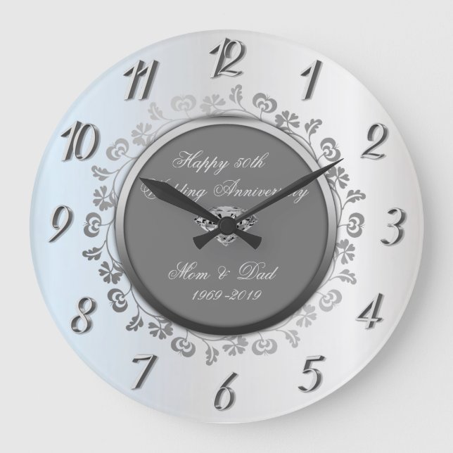 Grande Horloge Ronde Tourbillons Floraux Argentés Élégants 50e Annivers (Recto)