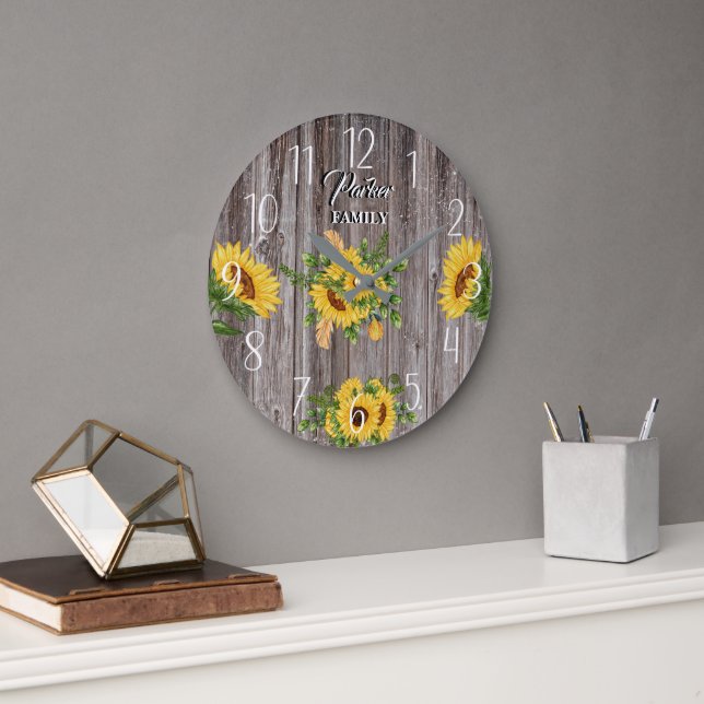 Grande Horloge Ronde Tournesol, Cuisine de campagne, Bois rustique, Nom (Bureau)