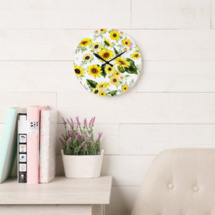 Grande Horloge Ronde Tournesol d'aquarelle 7