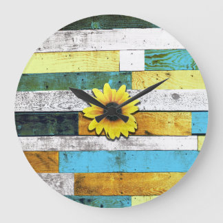 Grande Horloge Ronde Tournesol sur planches en bois