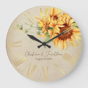 Grande Horloge Ronde Tournesols à l'aquarelle sur parchemin délavé
