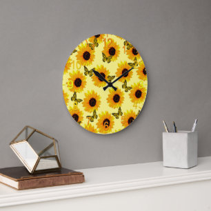 Grande Horloge Ronde Tournesols Et Papillons Peints À L'Huile,