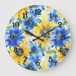 Grande Horloge Ronde Tournesols Jaunes Bleus