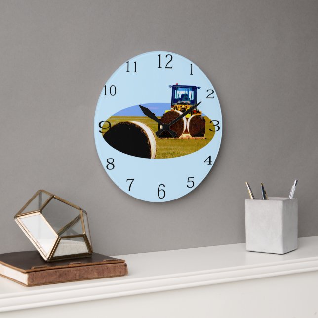 Grande Horloge Ronde Tracteur Avec Peinture À L'Huile De Balles De Foin (Bureau)