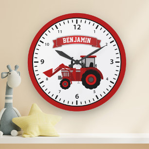 Grande Horloge Ronde Tracteur de ferme rouge nom personnalisé chambre d