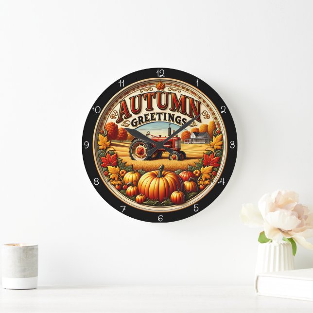 Grande Horloge Ronde Tracteur de salutations d'automne  (Maison)