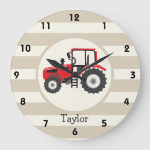 Grande Horloge Ronde Tracteur Red Farm sur Tan Stripes