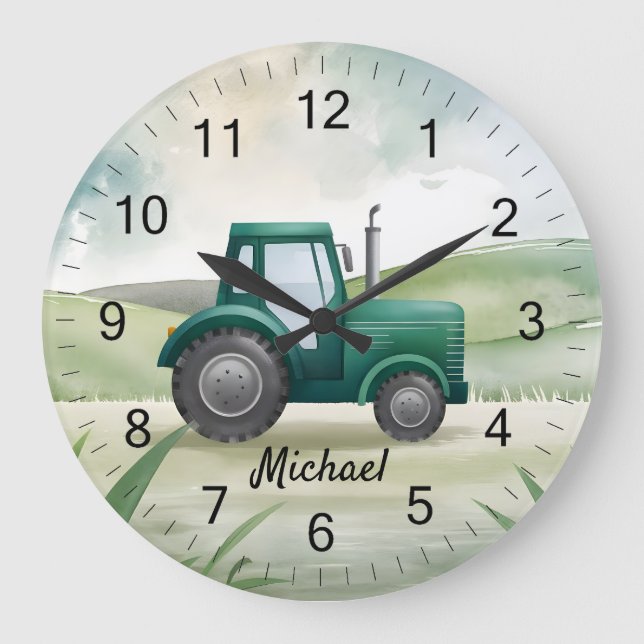 Grande Horloge Ronde Tracteur vert personnalisé ferme aquarelle enfants (Recto)