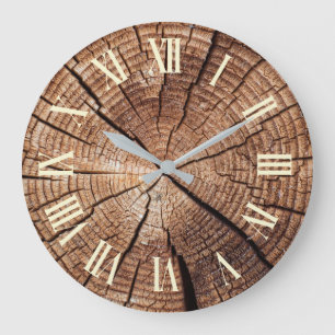 Grande Horloge Ronde Tranche de Bois Rustique Chiffre Romain