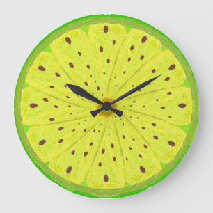 Grande Horloge Ronde Tranche de Citron Vert Vibrante Peinte Fruit Moder