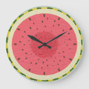 Grande Horloge Ronde Tranche de pastèque rose vibrant Peint Fruit