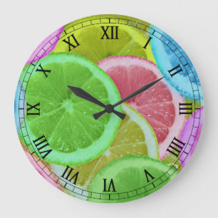 Grande Horloge Ronde tranches colorées de citron et d'orange