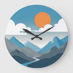 Grande Horloge Ronde Tranquil Horizon Art du paysage montagneux minim