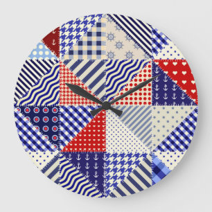 Grande Horloge Ronde Triangles De Patchwork Rétro Style Nautique