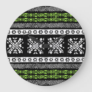Grande Horloge Ronde Tribal Navajo, motif noir blanc vert.