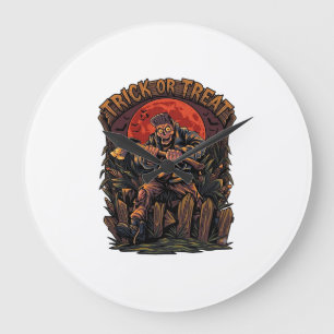 Grande Horloge Ronde Trick Or Treat Halloween Tueur Squelette Hache Rou