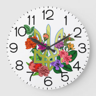 Grande Horloge Ronde trident tryzub de l'héraldique ukrainienne fleurs 