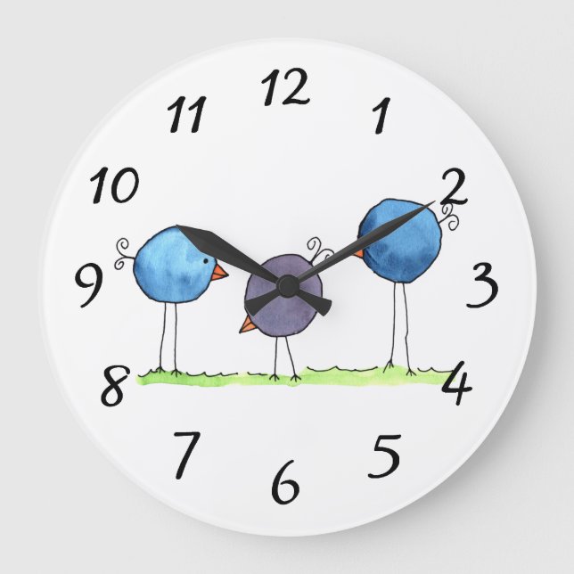 Grande Horloge Ronde Trois oiseaux d'aquarelle à lunettes (Recto)
