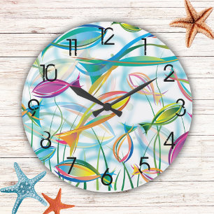 Grande Horloge Ronde Tropcal Fish Blue Orange Mode Illustration