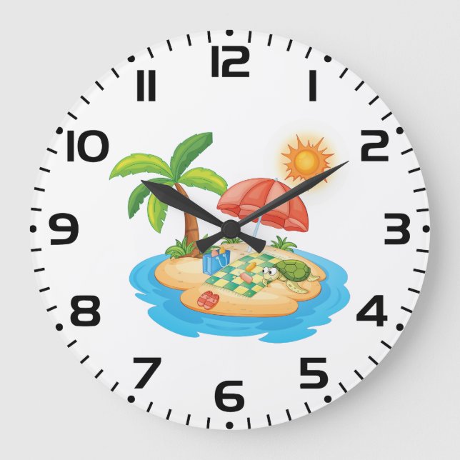 Grande Horloge Ronde Tropical Island Beach Turtle Palm Tree Picnic (Recto)
