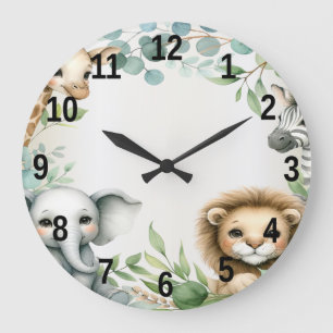 Grande Horloge Ronde Tropical Jungle Safari Animaux Green Feuilles Part