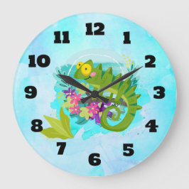 Grande Horloge Ronde Tropical lizard with Flowers
