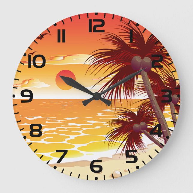 Grande Horloge Ronde Tropical Sunset Beach Palm Tree Island (Recto)