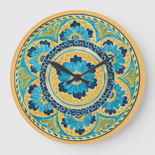 Grande Horloge Ronde Tuile mexicaine florale bleue