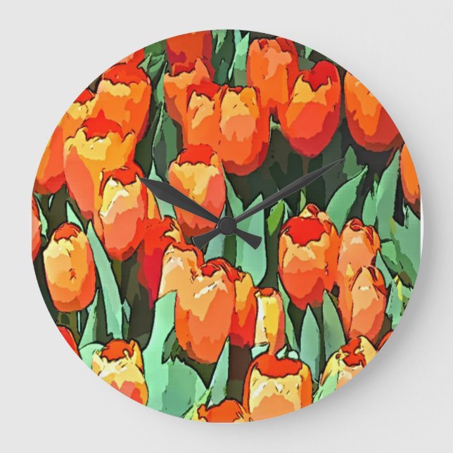Grande Horloge Ronde Tulipes Orange Rétro (Recto)