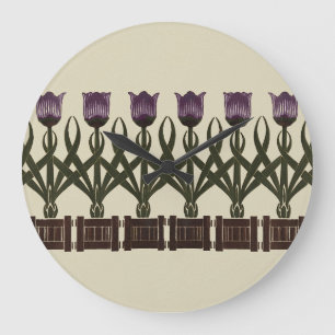 Grande Horloge Ronde Tulipes violettes Art Nouveau