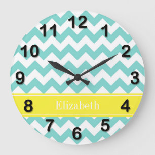 Grande Horloge Ronde Turq / Aqua Wht Chevron Nom jaune Monogramme