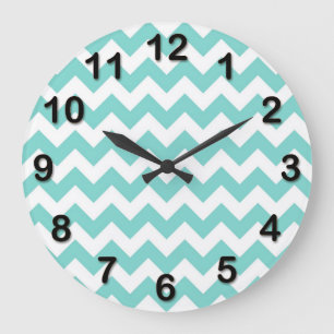 Grande Horloge Ronde Turquoise Aqua White Chevron Zig Zag Pattern