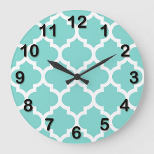 Grande Horloge Ronde Turquoise Aqua Wht Marocain Quatrefoil Motif #5