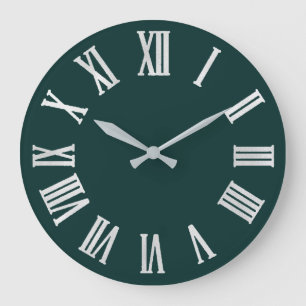 Grande Horloge Ronde Turquoise blanc gris métal argenté chiffres romain