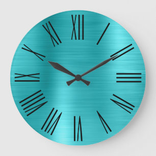 Grande Horloge Ronde Turquoise Bleu Feuille Noir Chiffres Romains