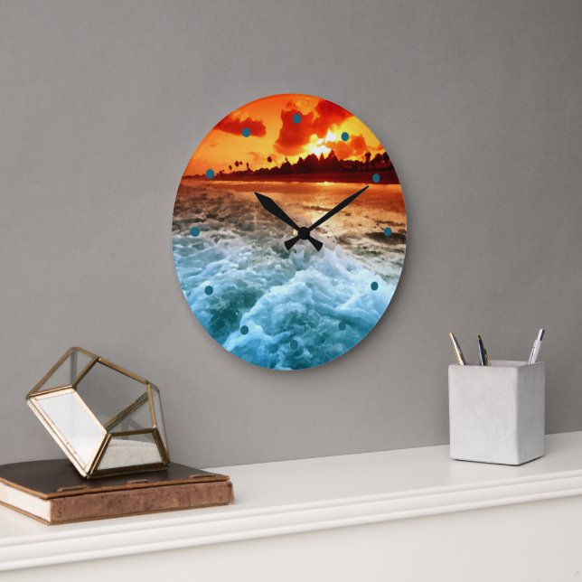 Grande Horloge Ronde Turquoise Blue Ocean Surf Orange Sunset (Bureau)