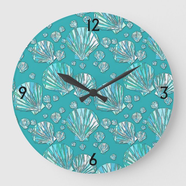 Grande Horloge Ronde Turquoise, coquillages de mer, arrière - plan turq (Recto)