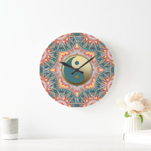Grande Horloge Ronde Turquoise Gold Yin Yang Feng Shui Fire