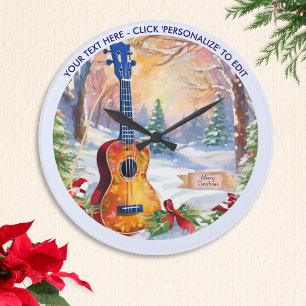 Grande Horloge Ronde Ukulélé d'hiver dans la neige Texte personnalisé N