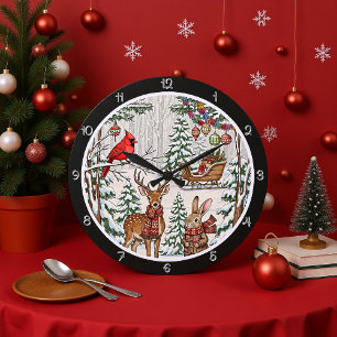 Grande Horloge Ronde Un cerf et un lapin en hiver