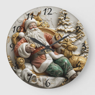 Grande Horloge Ronde Un joyeux Père Noël se reposant avec son renne