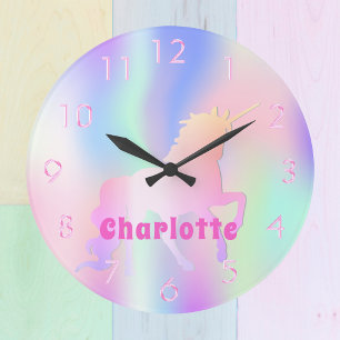 Grande Horloge Ronde Unicorn rose violet nom fille magique