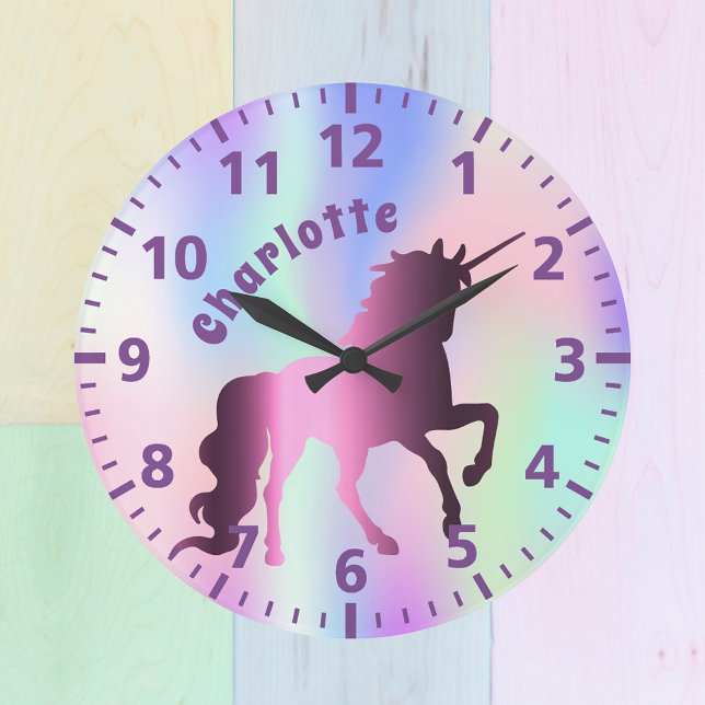 Grande Horloge Ronde Unicorn violet nom holographique fille (Créateur téléchargé)