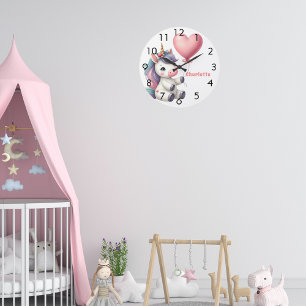 Grande Horloge Ronde Unicorne bébé rose violet fille